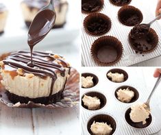 the process of making cupcakes with chocolate frosting and peanut butter on top