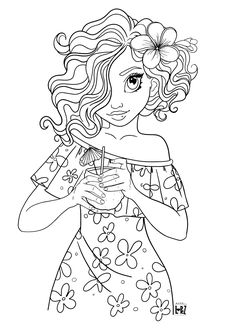 a girl with flowers in her hair holding an umbrella and looking at the camera coloring page