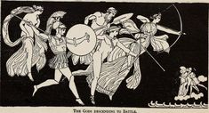 an old black and white drawing of three women in ancient greek dress, one holding a shield