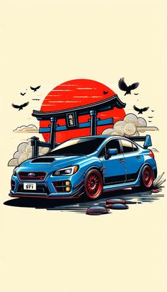 a blue car parked in front of a red and white building with birds flying around