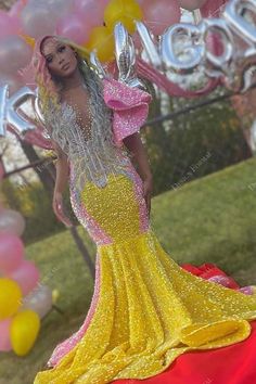 Pink And Gold Prom Dress, 2k24 Prom, Prom Desses, Delulu Era, Yellow Prom Dresses, Psd Boxers, Mermaid Prom Gown, Dress With Crystals, Yellow Prom Dress