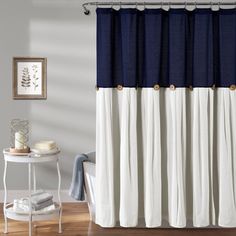 a bathroom with a blue and white shower curtain