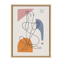 an abstract painting with lines and shapes on white paper, framed in brown wood frame