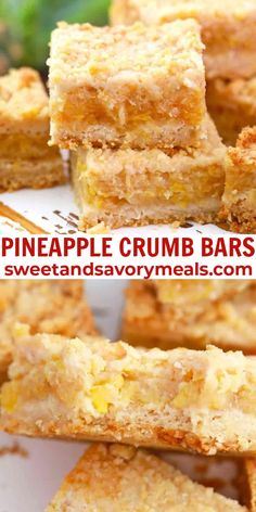 pineapple crumb bars are stacked on top of each other and ready to be eaten