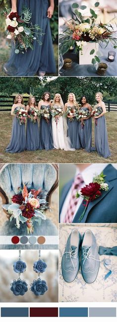 the color scheme is blue, red and white with some flowers in their bouquets