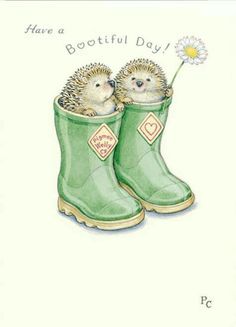 two hedgehogs in green rain boots with a flower on their tip and the words have a bootful day written below