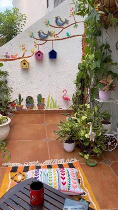 an outdoor patio with potted plants and birdhouses on the wall, along with a colorful rug