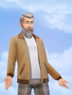 an animated man with glasses and a beard standing in front of a blue cloudy sky