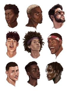 the faces of black men with different hair styles and facial expressions on their faces are drawn by hand