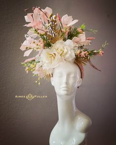 A burst of floral glory in pretty pink and off-white tones. Gold detail. Easy-to-wear, comfortable, sparkling headband fascinator with dramatic feathers and silk roses. Perfect for Easter., Royal Ascot, bridal, Kentucky Derby, Kentucky Oaks, Del Mar Races, hat contests, Central Park Hat Luncheon, church, galas, Melbourne Cup, high tea, weddings, cocktail parties, and more. *FREE SHIPPING Handmade by Aimee Fuller of Southern California White Flower Headpiece For Garden Party, White Flower Headpieces For Garden Party, White Hat With Structured Crown For Spring, White Structured Crown Hat For Spring, White Flower Hat For Royal Ascot, White High Crown Fascinator For Spring, White Headpieces For Spring Garden Party, White Flower Fascinator For Spring, Cream Headpiece For Spring Garden Party