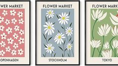 three flower market posters with different flowers on the front and back, each featuring white daisies