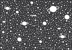 black and white space scene with planets, stars and rockets in the night sky illustration