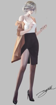 a drawing of a woman in tights and heels holding a bag with her right hand