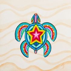 a drawing of a colorful turtle with a star on it's back