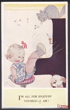 an old postcard features a baby playing with a cat