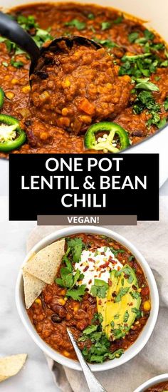 one pot lentil and bean chili in a white bowl with tortilla chips