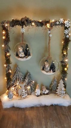 a christmas scene with snow globes and lights