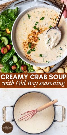 creamy crab soup with old bay seasoning in a skillet and on the side