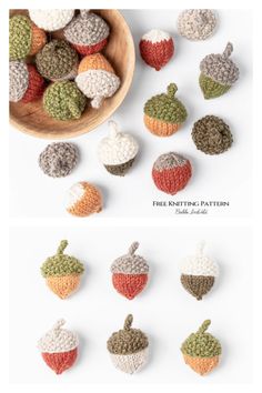 crocheted apples and acorns are shown in two different pictures, one is made out of yarn