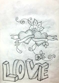 the word love with hearts and flowers is drawn in pencil on paper, as if it were