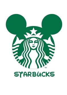 the starbucks logo is shown in green and has mickey mouse ears on it's head