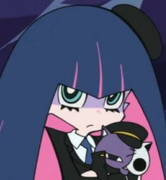 an anime character with long blue hair and green eyes, holding a cat in her arms