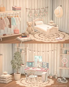 there are two pictures of a bedroom with teddy bears on the bed and in the closet