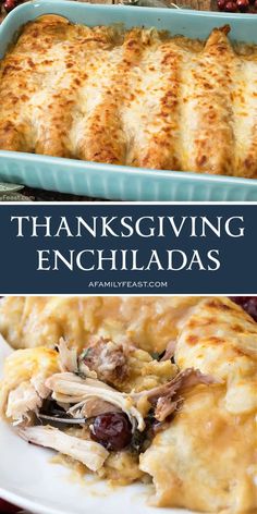 thanksgiving enchiladas with turkey and cheese in a casserole dish