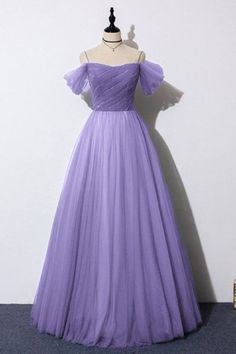 A Line Purple Prom Dress, Purple Simple Gown, Ball Gowns Prom Purple, Tulle Purple Dress, Purple Aesthetic Prom Dress, Pink Prom Dress Flowy, Purple Simple Dress, Purple Gown Aesthetic, Purple Prom Dress Aesthetic