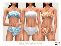 three different types of bikinis are shown in this image, including one with an animal print