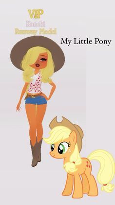 the pony is standing next to a blonde haired girl