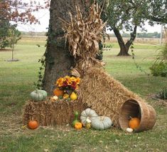 a hay bale with pumpkins and gourds on the ground next to a tree