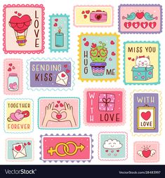 some cute stickers that are on a white surface with pink and blue colors,