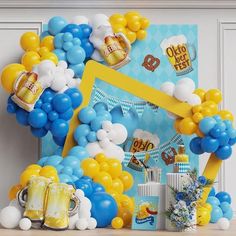 Our brand new Yellow and Blue Oktoberfest Beer Themed Balloon Garland is here! Get ready for your festival celebrations and take your Oktoberfest party to the next level! An impressive luxury balloon kit to make a show-stopping centrepiece for your guests. 🎈WHAT IS IT? 🎈 A balloon garland kit which contains 125 pieces of blue, white and yellow balloons, beer mug foil balloons, a garland tape strip and glue dots, for you to create a professional display just like the images. The high-quality ba Blue And Yellow Balloon Arch, Yellow Balloon Arch, Beer Theme, One Balloon