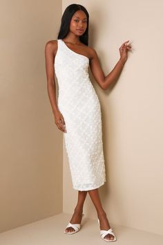 The most special events deserve the most special look, like the Truly Poised Ivory Textured 3D Floral One-Shoulder Midi Dress! Three-dimensional floral appliques create a lattice-like design across a textured woven overlay (atop a matching liner) as it shapes a sleeveless bodice and a one-shoulder neckline, supported by adjustable spaghetti straps at the back. The figure-skimming column silhouette cascades down to a chic midi hem for an elegant finish. Hidden side zipper/clasp. Fit: This garment Chic White One-shoulder Dress For Prom, Chic White One-shoulder Prom Dress, Chic White One Shoulder Prom Dress, One Shoulder White Midi Dress For Wedding, White Asymmetrical Neckline Evening Dress For Party, White One-shoulder Evening Dress For Spring, White One Shoulder Evening Dress For Spring, Glamorous White One-shoulder Evening Dress, Glamorous White One Shoulder Evening Dress