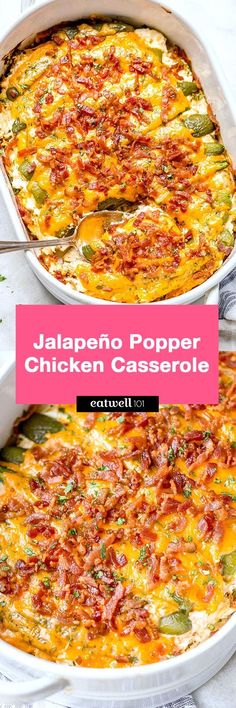 jalapeno popper chicken casserole in a white dish with a pink border