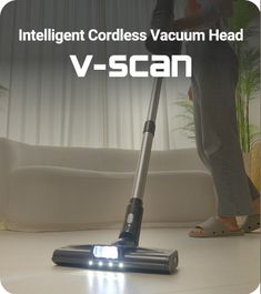 an image of a woman using a vacuum cleaner on the floor with text that reads intelligent cordless vacuum head v - scan