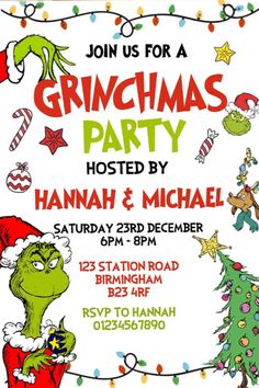 an image of a christmas party with the grinch on it's face and presents