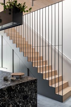 there is a plant on the table next to the stairs in this modern house with wood and metal railings