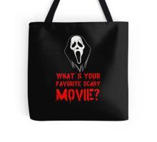 a black tote bag with the words what is your favorite scary movie?