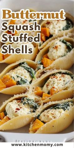 butternut squash stuffed shells with spinach and parmesan cheese in a white dish