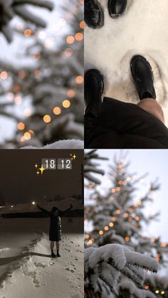 four different pictures with snow and trees in the background, one is wearing black boots