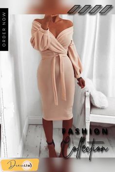 Off Shoulder Twisted Waist Tie Sexy Midi Dress P13670 Elegant Long Sleeve Bandage Dress, Long-sleeved Bandage Dress For Date Night, Long Sleeve Bandage Dresses For Club, Chic Long Sleeve Bandage Bodycon Dress, Night Out Outfit Clubwear, Trendy Cocktail Dresses, Casual Dresses For Teens, Trendy Dresses Summer, Open Shoulder Dress