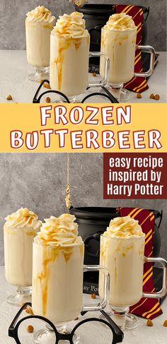 there is a cake with frosting on it and the words frozen butterbeeer