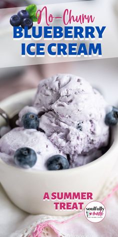 A white bowl with Blueberry Ice Cream garnished with blueberries Blueberry Ice Cream Recipe, Blueberry Ice Cream, Pecan Ice Cream, Ice Cream Freezer, Ice Cream Maker Recipes, Frozen Dessert Recipe, Diy Ice Cream