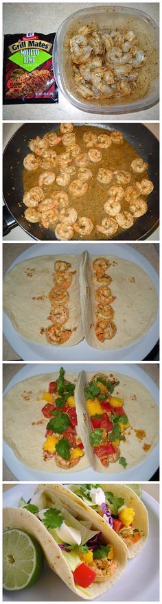 the process of making tortillas with shrimp and avocado on top is shown