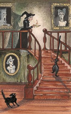 a drawing of a cat walking up the stairs to a room with pictures on the wall