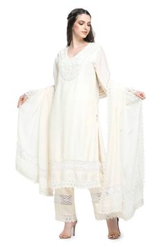 White full flared sleeves straight kurta with pearl fleur embroideries on the yoke and lace embellishments detail. Paired with a lace tiered straight pant and lace border dupatta. - Aza Fashions Lace Embellishments, Kurta Pant Set, Embellishment Details, Straight Kurta, Lace Neckline, Kurta With Pants, Lace Border, White Silk, Pants Pattern