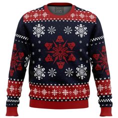 an ugly sweater with snowflakes and hearts on it, all in red and blue