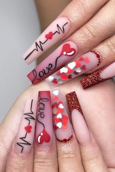 Valentines Nails Sparkle Glitter, Valentine’s Day Nails Acrylic Red, French Ombre Valentines Nails, Red French Tip Valentines Day Nails, Rose Gold Valentines Day Nails, Valentines Nails Coffin Medium, Black Red Valentines Nails, Valentine’s Day Nails Long, Valentines Day Nails Coffin Shape